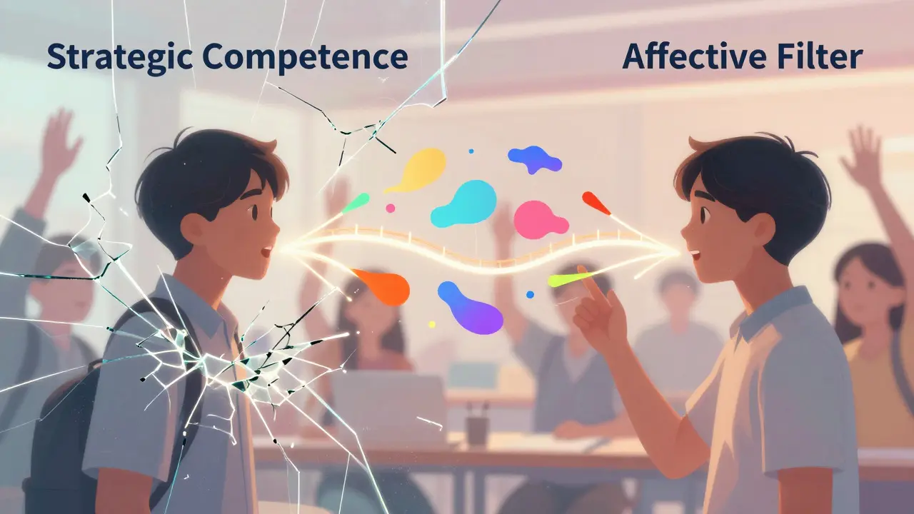 Conceptual art showing a student overcoming a mental block to communicate using abstract bridges.