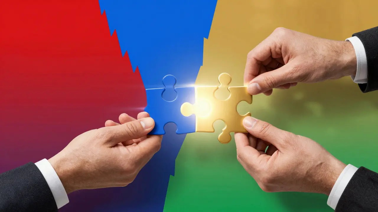 Conceptual art showing the transition from conflict to a collaborative win-win puzzle.