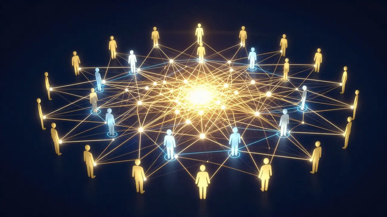 Conceptual illustration of a glowing golden network connecting diverse learners to show exponential growth.