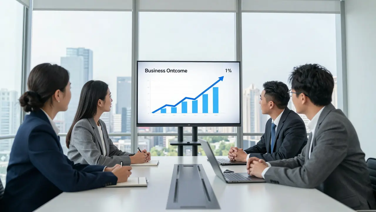 Corporate executives in a modern conference room discussing business outcomes and growth metrics