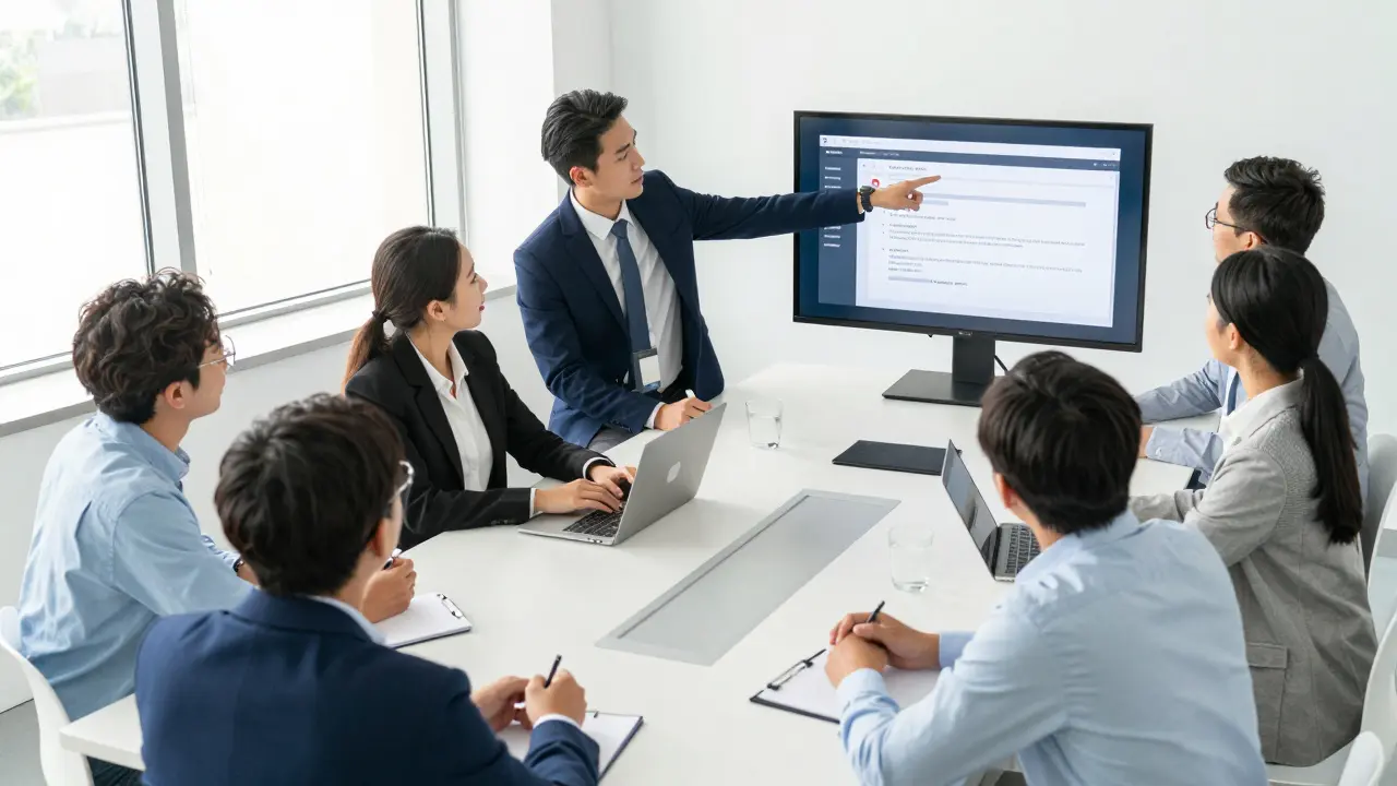 Diverse team of professionals attending a cybersecurity training workshop in a modern office
