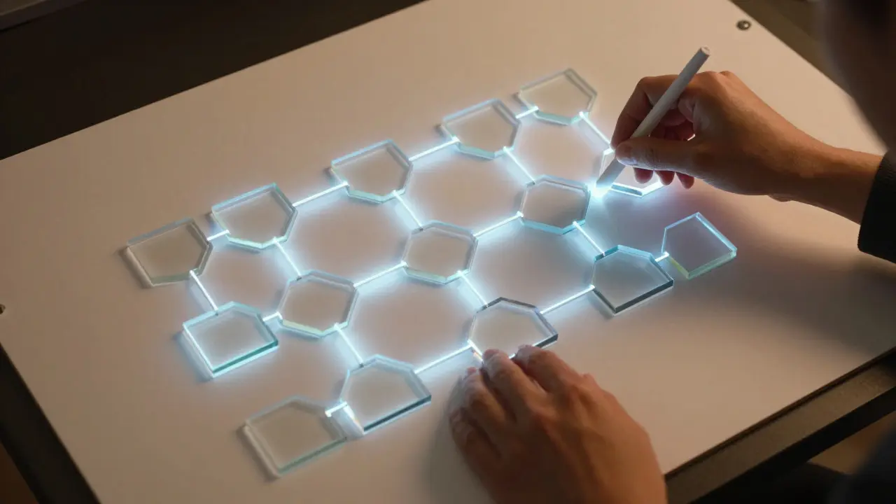 Hands arranging translucent glowing tiles on a light table to design a systemic workflow.