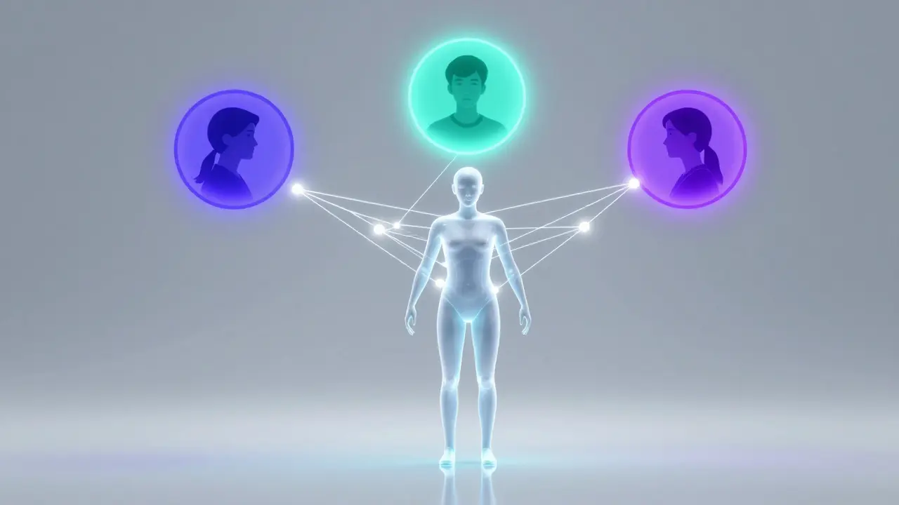Holographic AI connecting student profiles with glowing lines to create a collaborative learning micro-cohort.