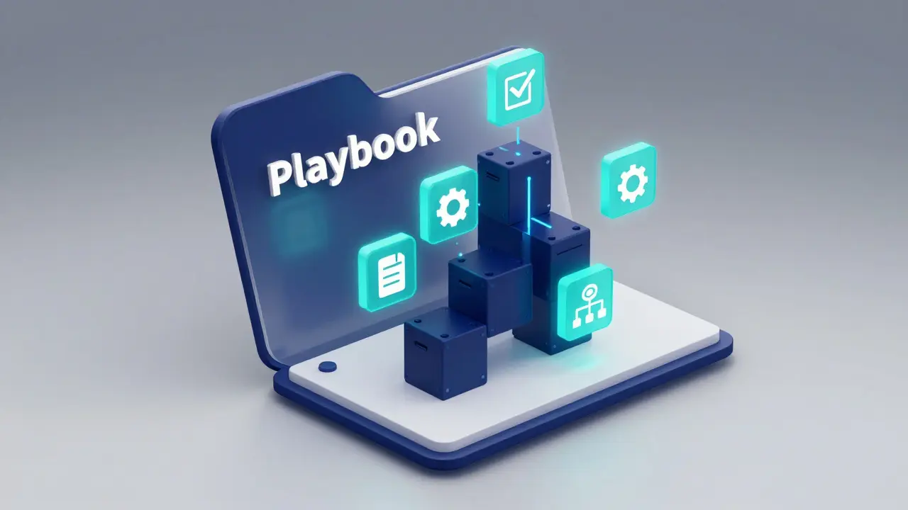 Isometric 3D illustration of a digital playbook being built from modular SOP blocks.