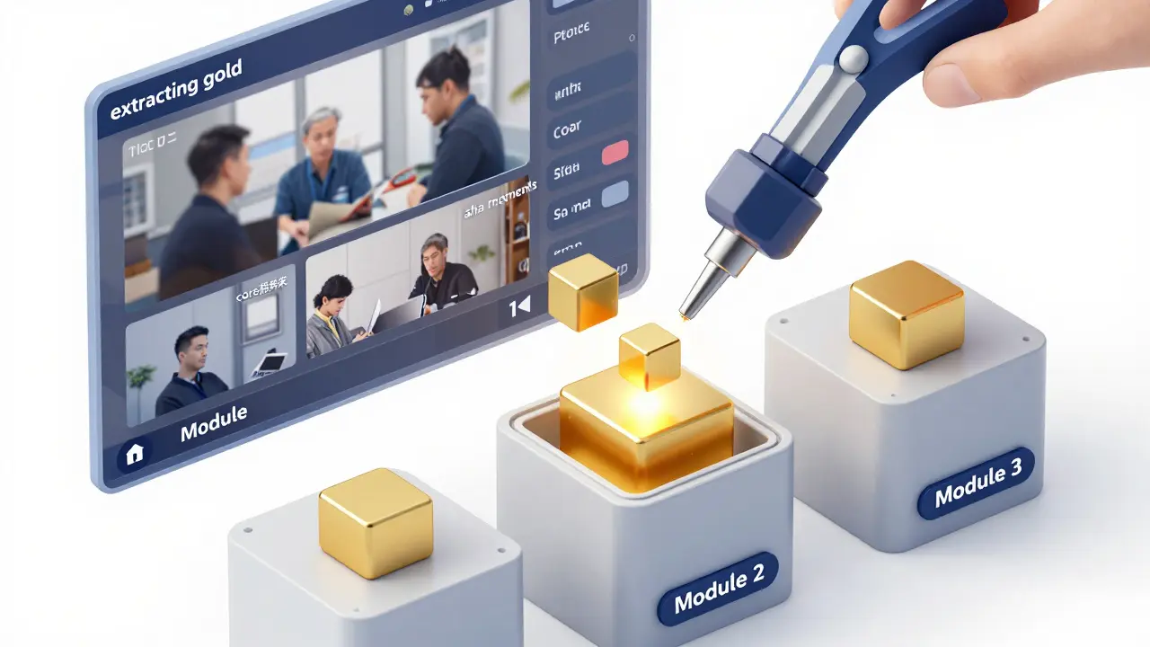 Isometric 3D illustration of video content being broken down into organized gold modules.