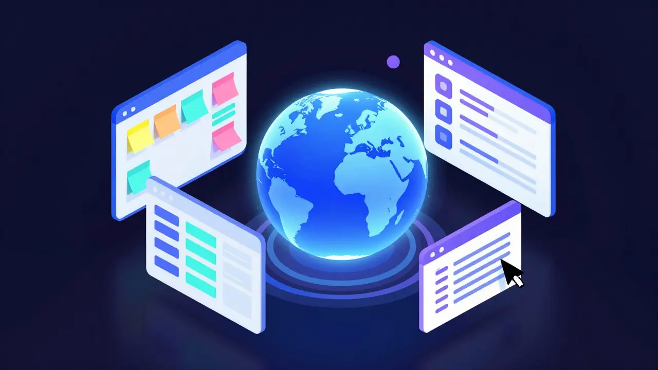 Isometric 3D visualization of digital collaboration tools and a globe