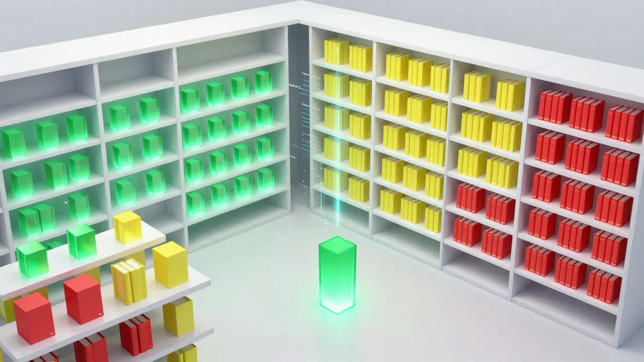 Isometric digital library with glowing colored prisms representing a calibrated question item bank.