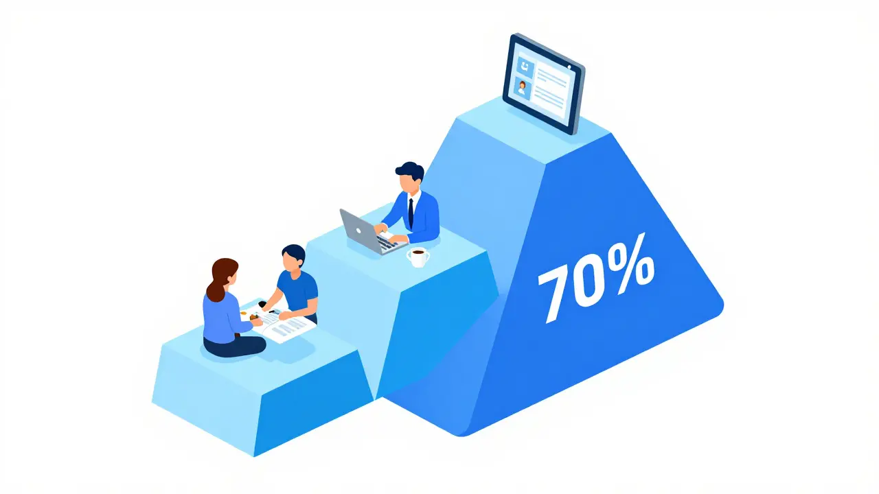 Isometric illustration showing the 70-20-10 model of experiential, social, and formal learning.