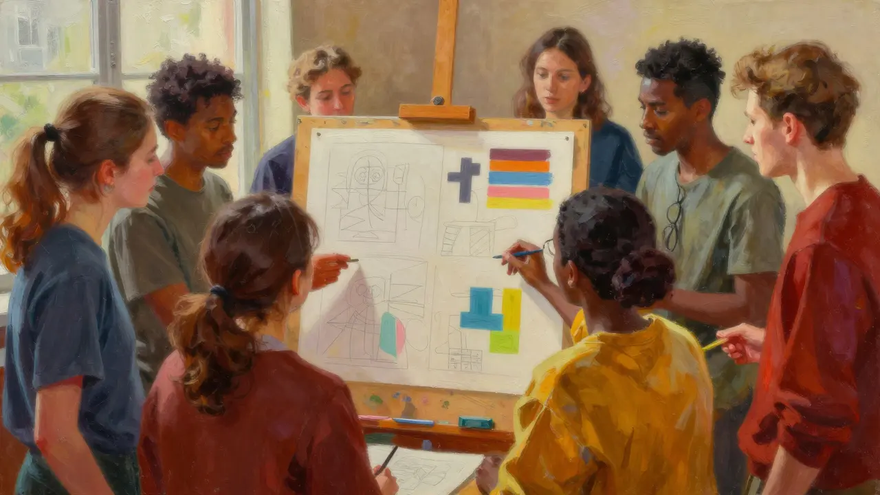 Painted group of learners collaborating with warm lighting