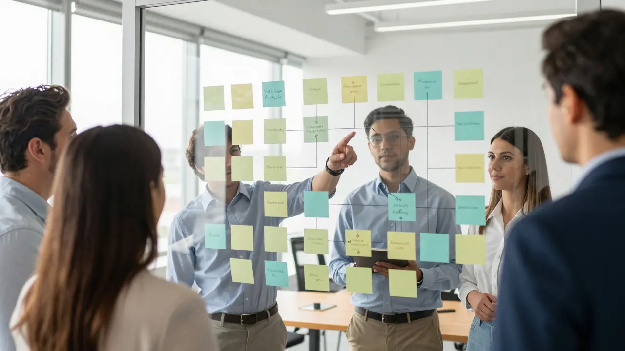 Professionals collaborating in an office to analyze skills gaps using a glass wall and sticky notes.