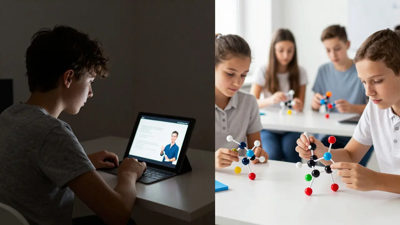 Split image showing a student watching a lesson at home and then building molecular models in class.