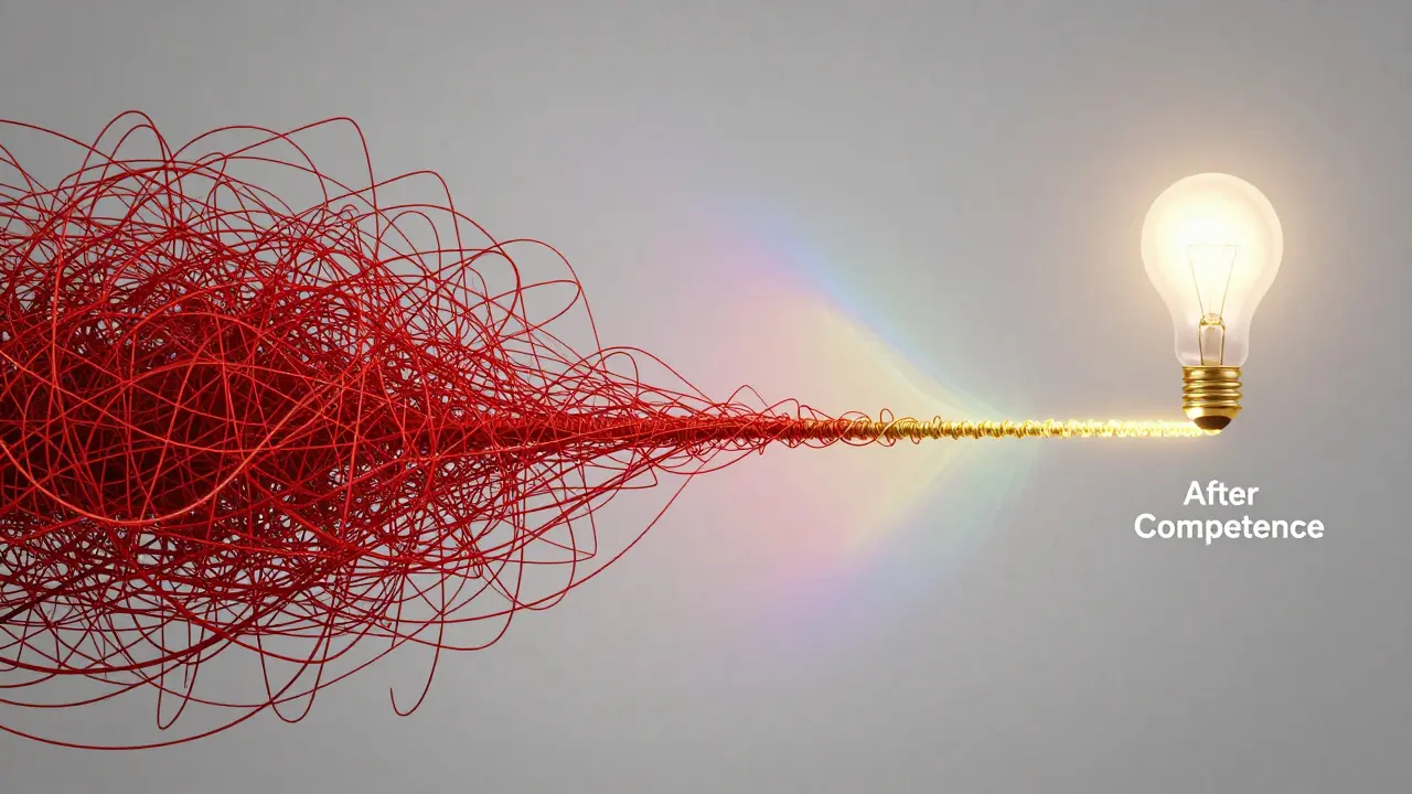 Split-screen showing a transition from chaotic red tangles to a single golden thread.