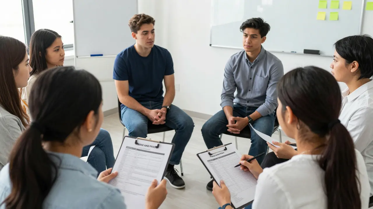 Students in a professional workshop practicing negotiation role-play with a peer observer.