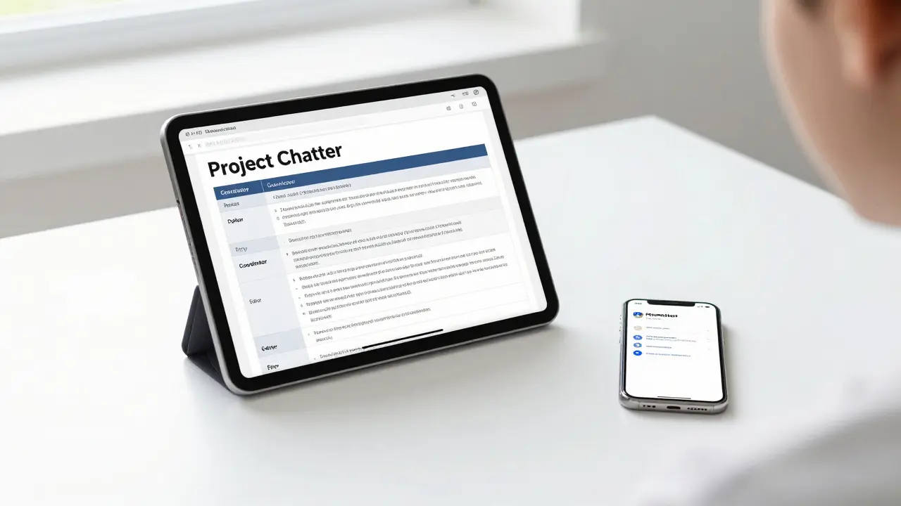 Tablet showing a project charter and roles next to a smartphone