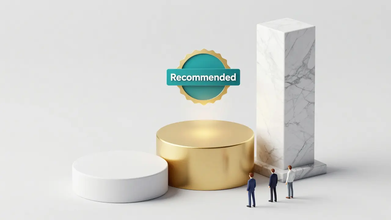 Three 3D pricing tiers with people choosing the middle, recommended gold option.