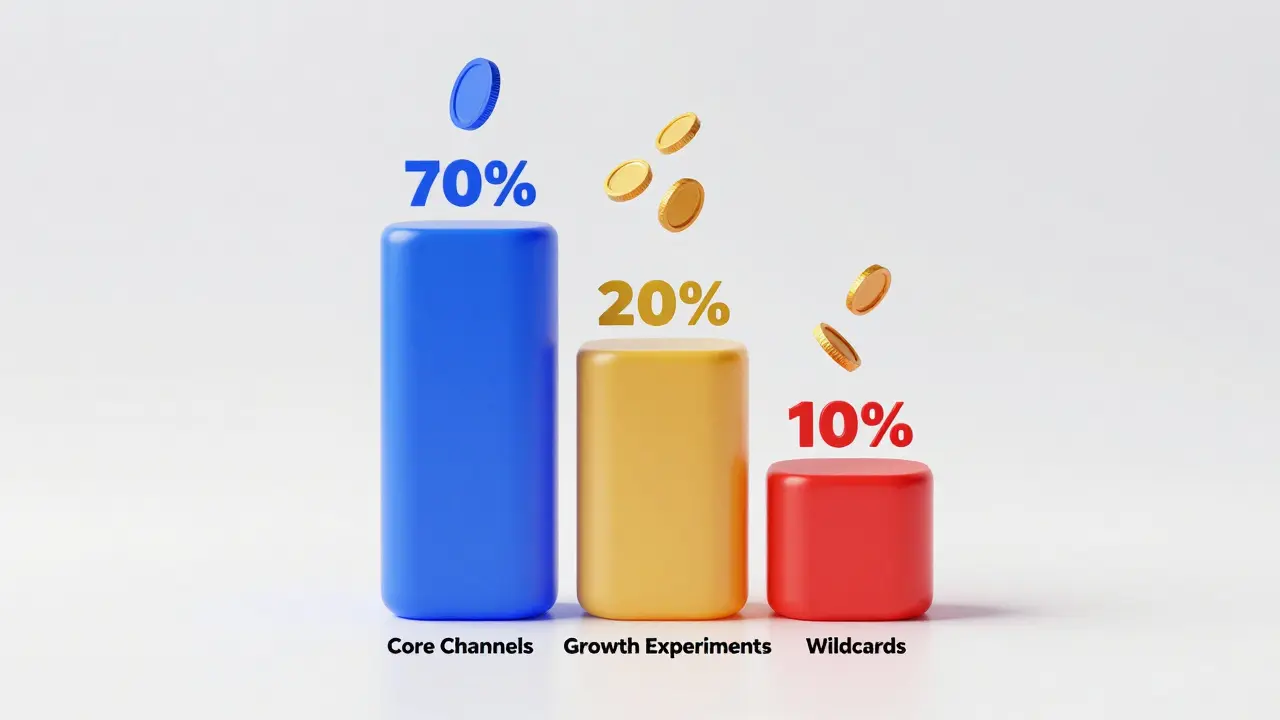 3D graphic showing 70-20-10 budget allocation pillars in blue, amber, red