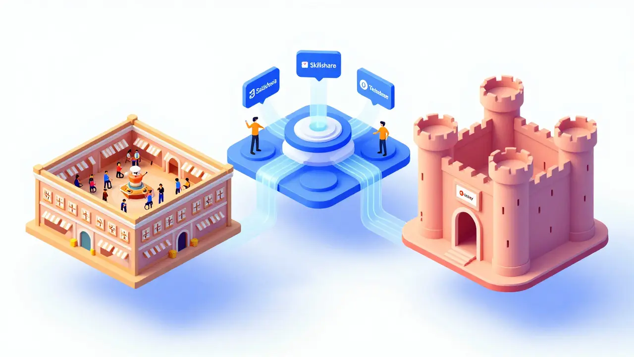 3D illustration comparing marketplace, social learning, and self-hosted course platforms.