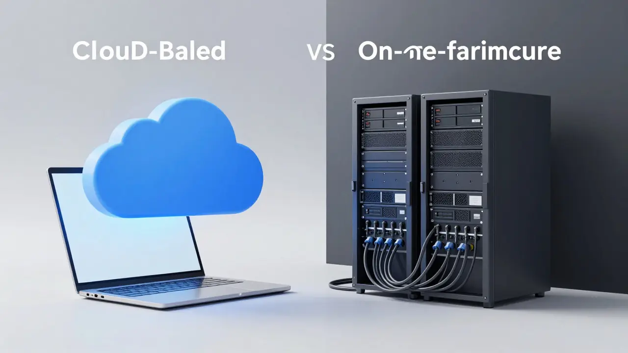 3D illustration contrasting a sleek cloud icon with a complex, heavy server rack.