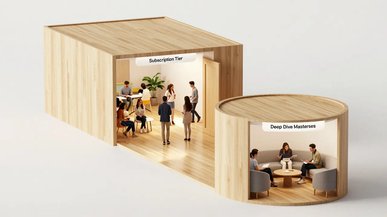 3D render of a hybrid course funnel with community and premium tiers