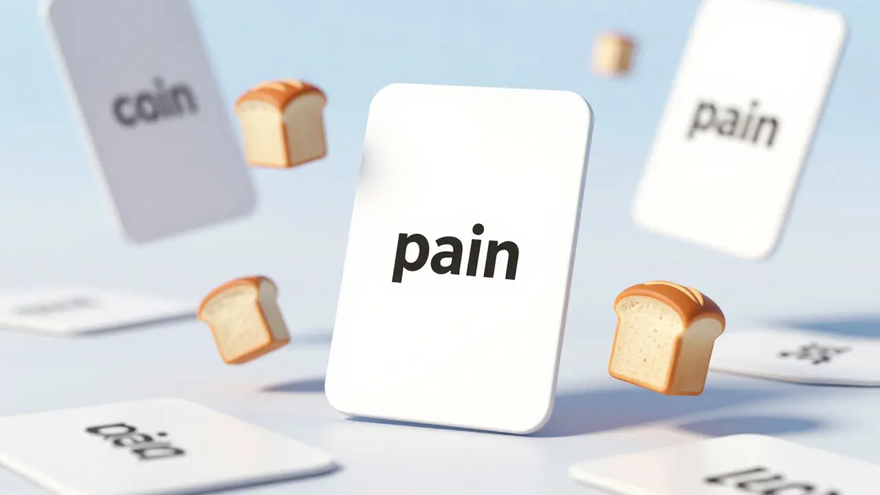 3D render showing a clear contextual flashcard surrounded by visual mnemonics and discarded vague cards.