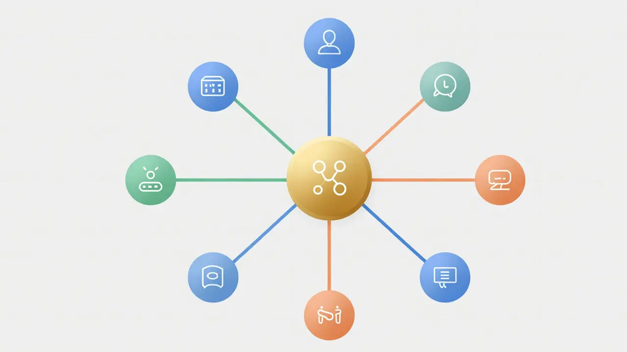 Abstract diagram illustrating hub-and-spoke logic flow for adaptive e-learning pathways.
