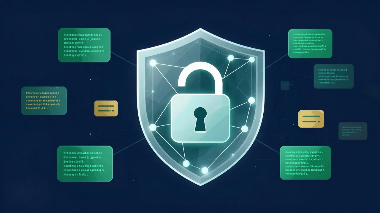 Abstract digital shield made of connected nodes and code