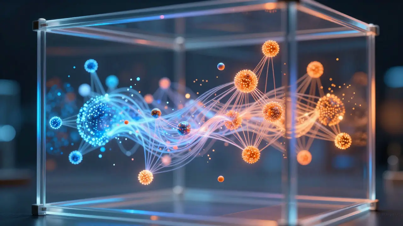 Abstract visualization of a structural framework containing fluid, adaptive light particles.