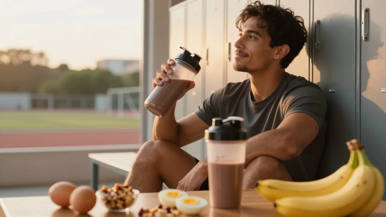 Athlete hydrating with water and post-workout snack