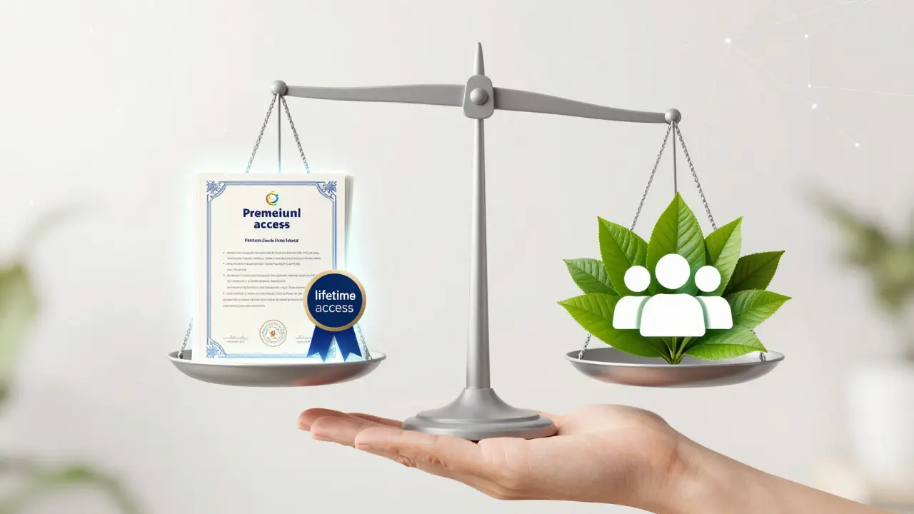 Balanced scale holding certificates and fresh leaves representing hybrid pricing