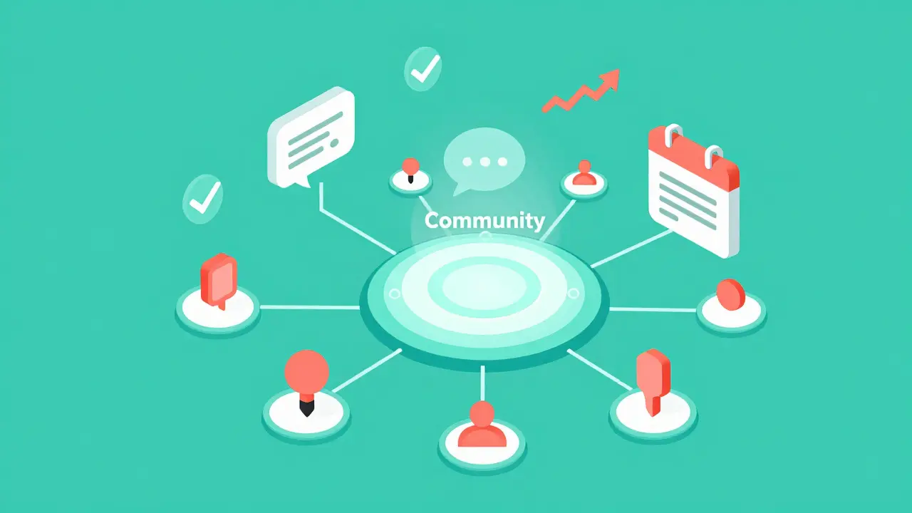 Colorful isometric diagram of connected online learning community features