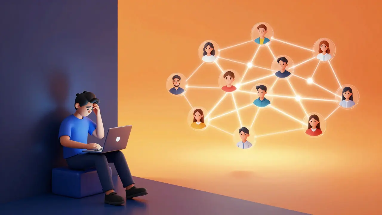 Conceptual art contrasting isolated study with a vibrant connected learning network.