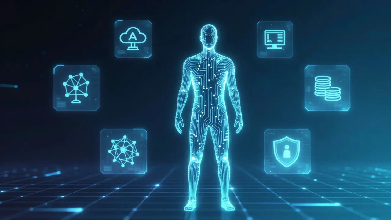 Digital art of a professional surrounded by holographic tech skill icons
