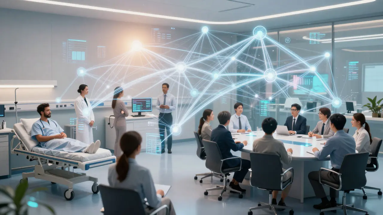 Diverse professionals connected by digital data streams symbolizing AI-driven personalized training.