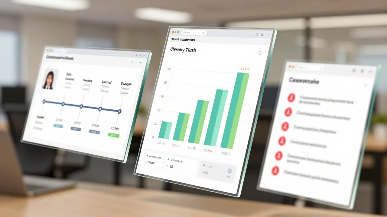 Floating glass panels showing student progress charts and analysis metrics