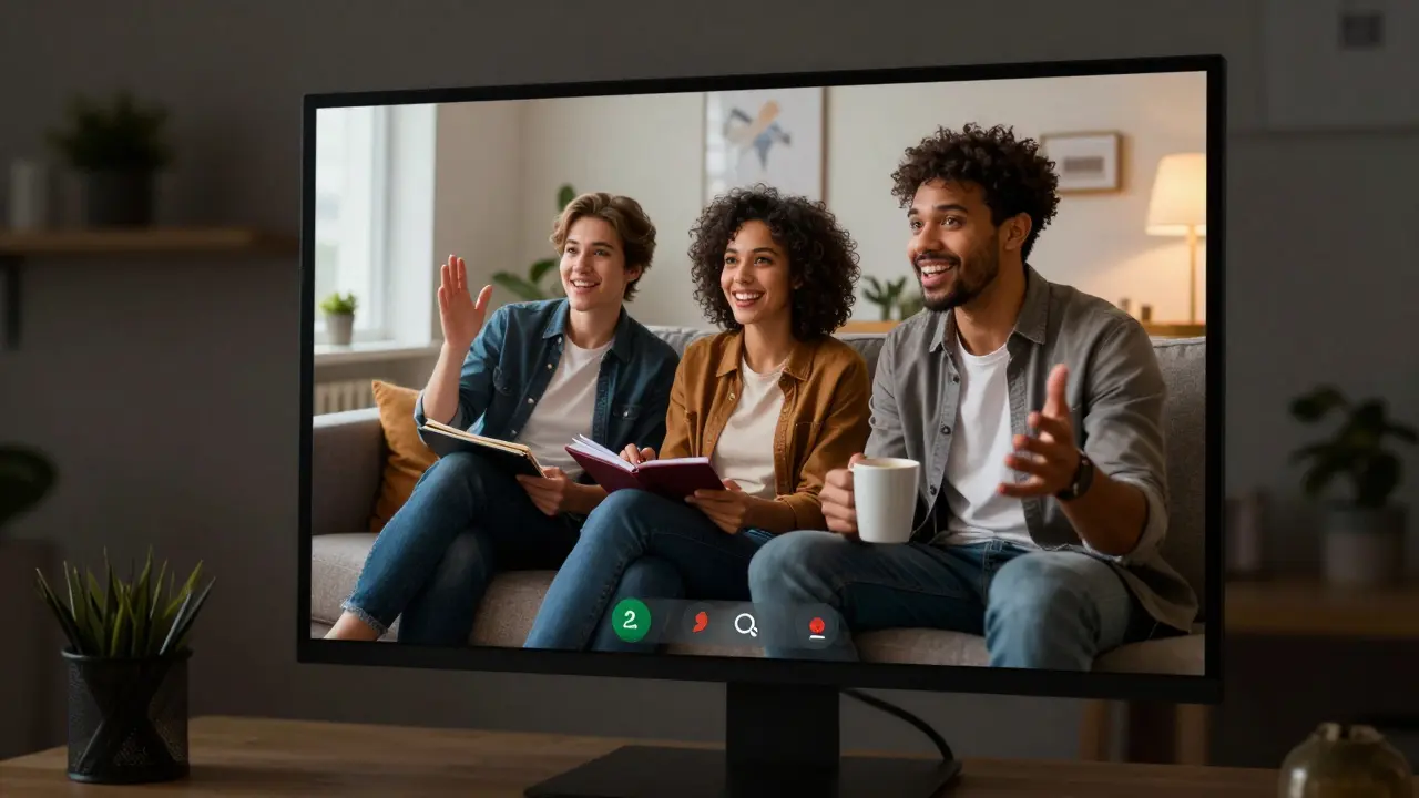 Friends watching an online course together on a screen with excitement