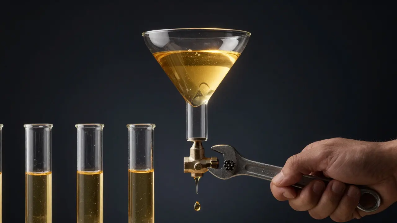 Glass funnel with golden liquid leaking, being repaired by a hand