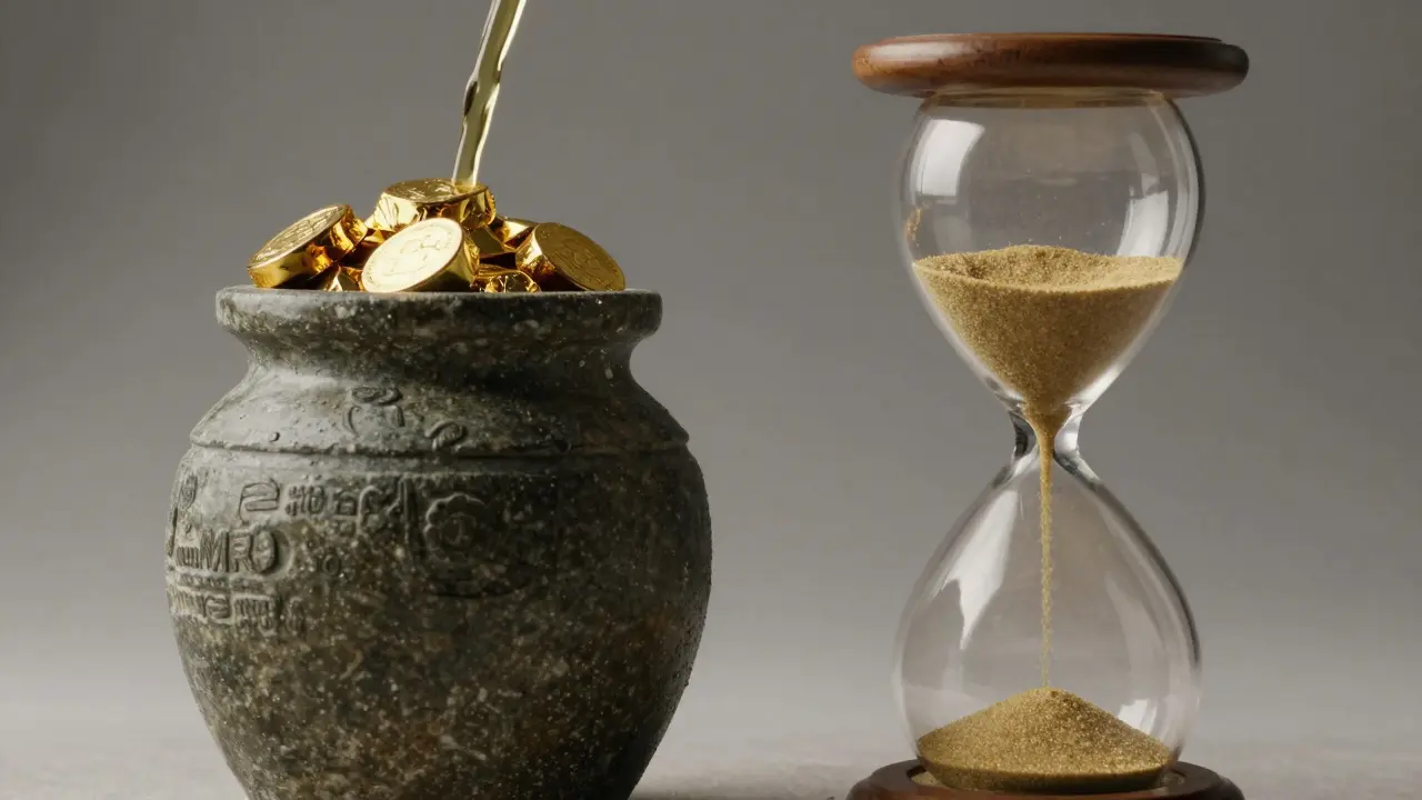 Gold chunks filling a jar versus steady sand flowing in an hourglass