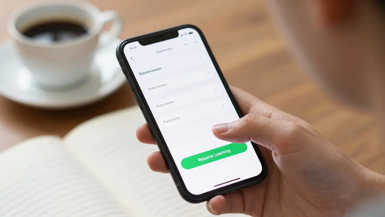 Hand tapping resume learning button on smartphone in cozy setting