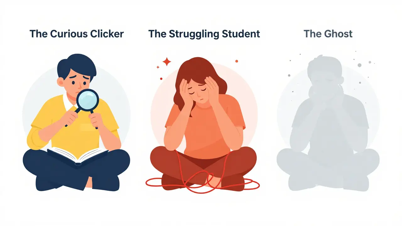 Illustration of three student types: curious, struggling, and dormant
