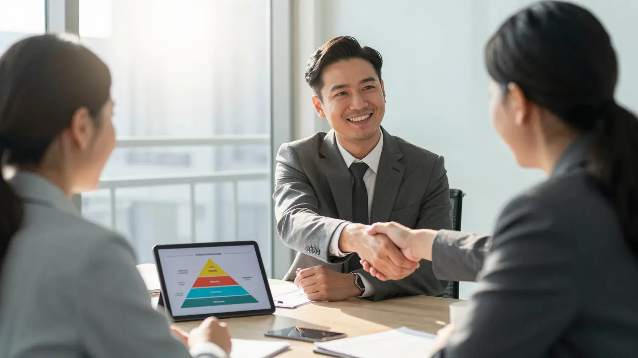 Instructor and partner shaking hands over a tablet showing a hybrid revenue deal.