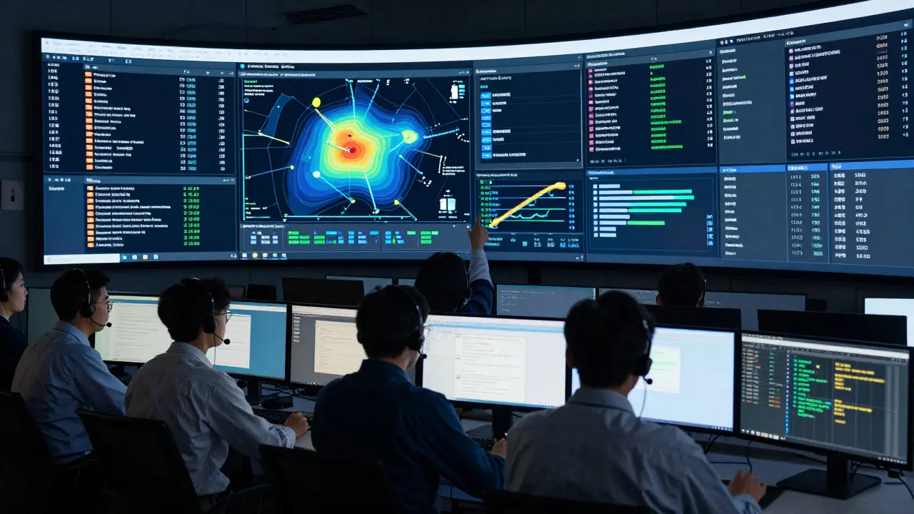 IT analysts monitoring security dashboards for login anomalies