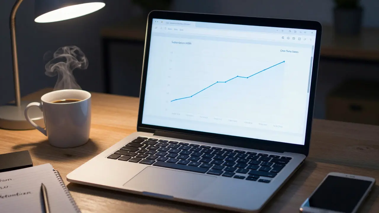 Laptop dashboard showing subscription revenue graph and retention notes