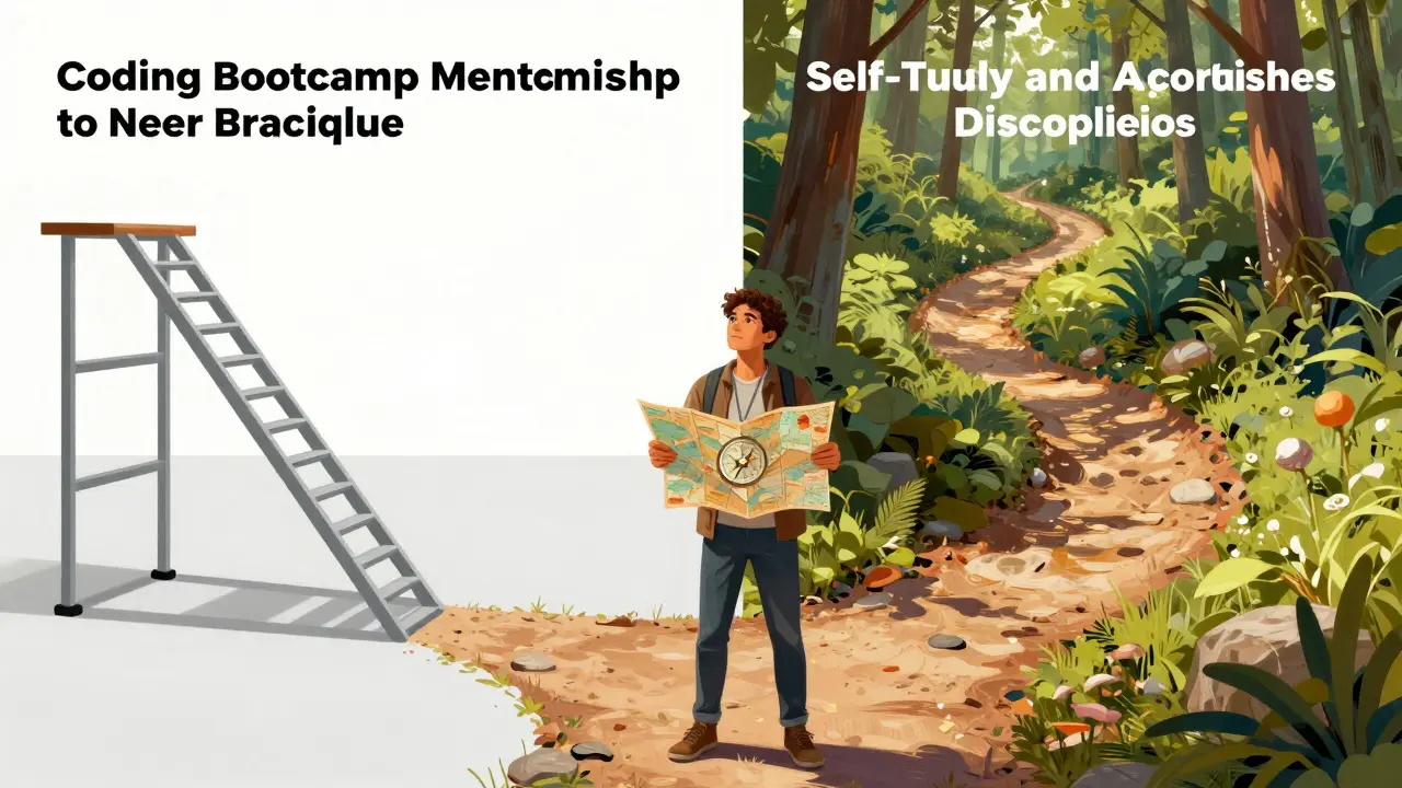 Person choosing between structured bootcamp and self-study paths