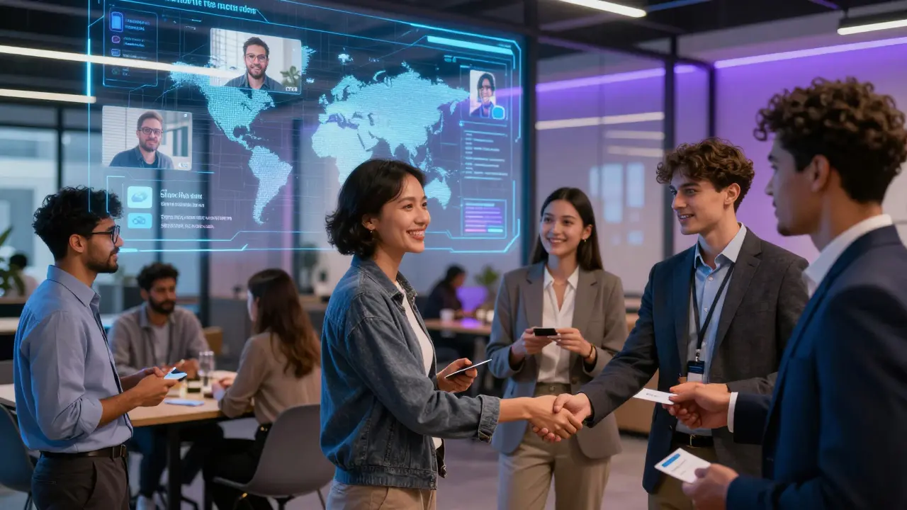 Professionals networking in person with digital connections in background