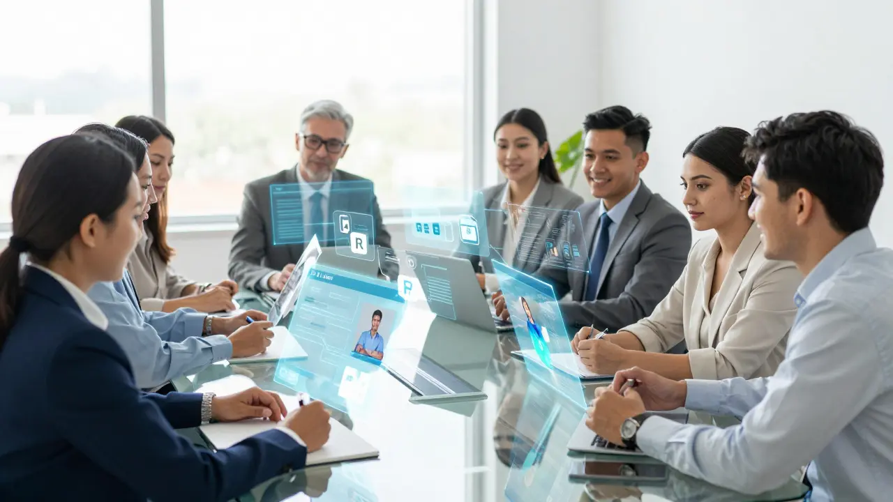 Professionals viewing holographic skill data in a modern office