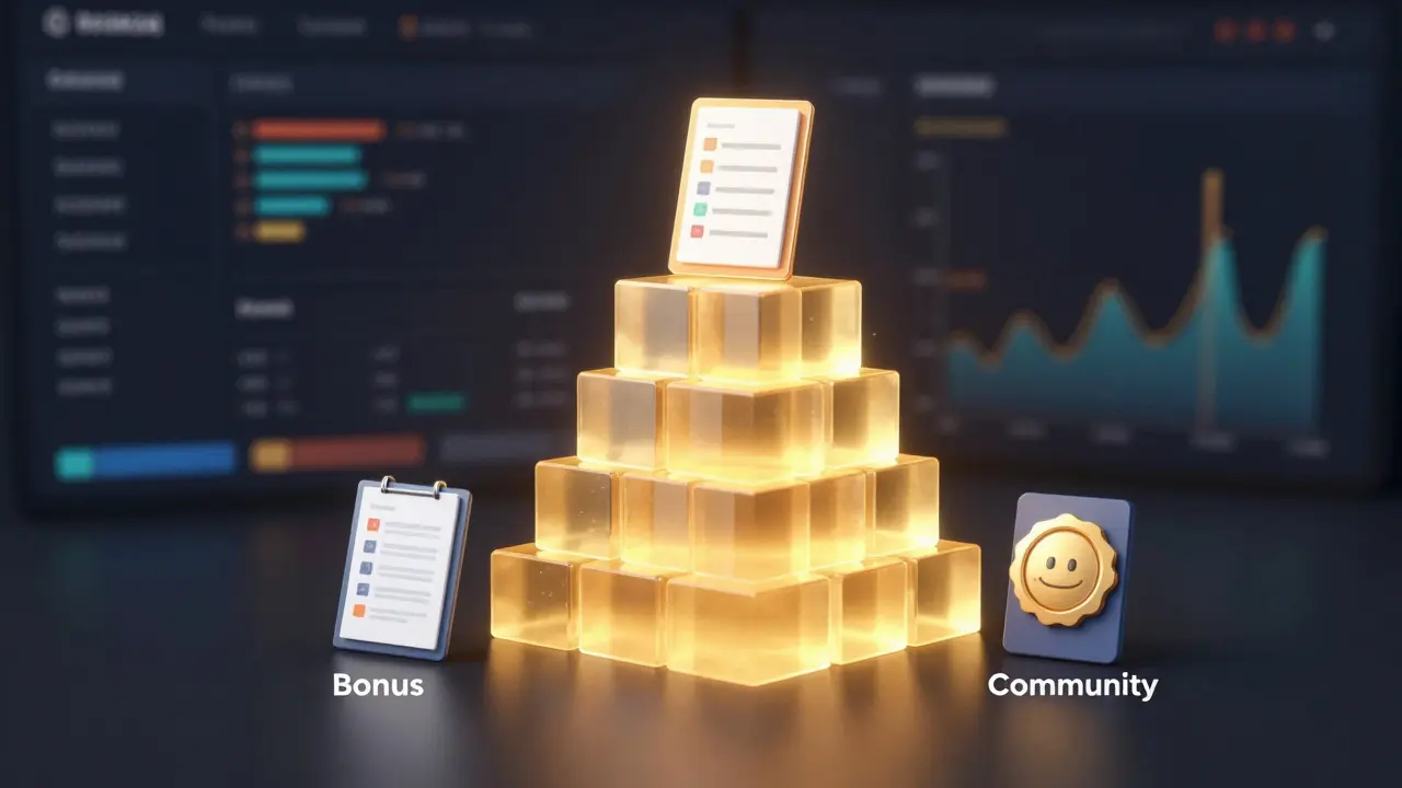 Stack of digital course modules and bonuses on desk