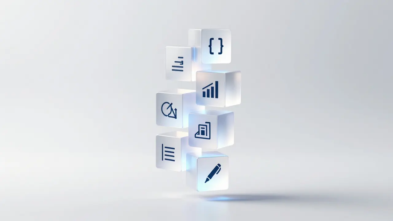 Stacked glowing blocks representing modular skills forming a tower in 3D art.