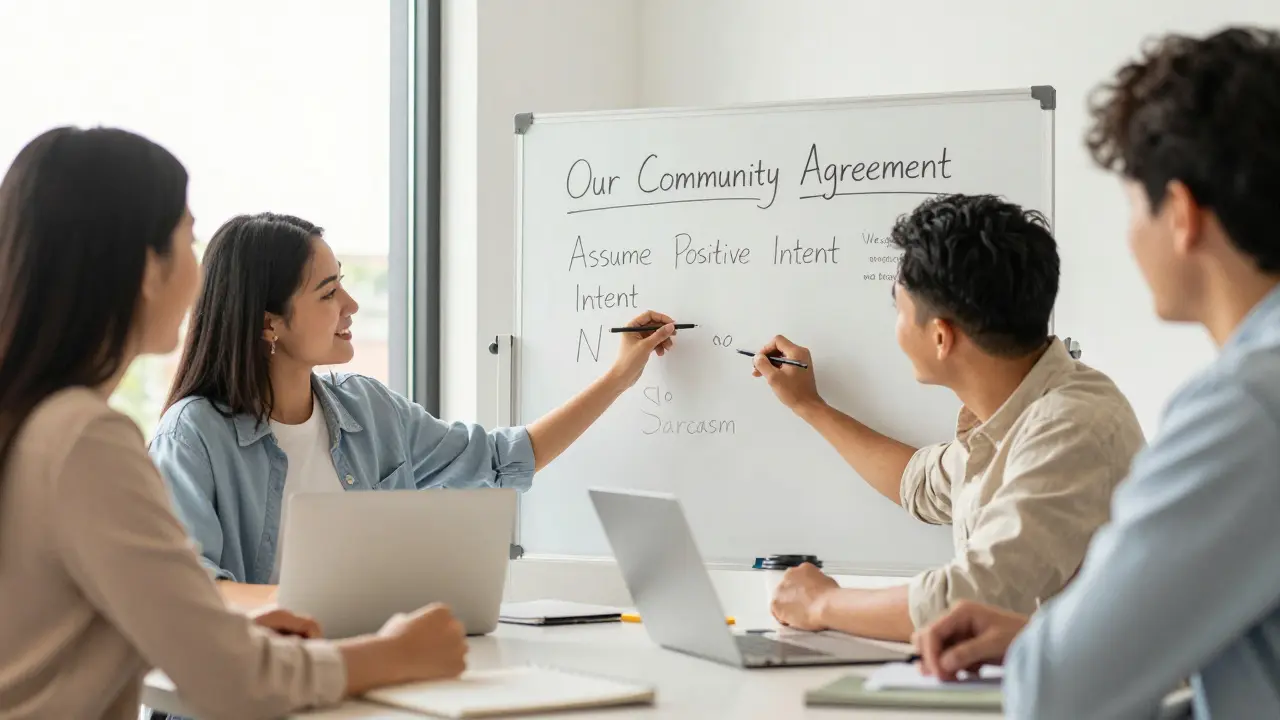 Students co-creating community agreement rules on a whiteboard