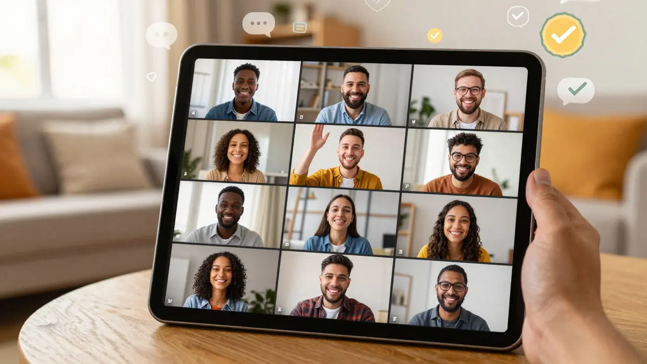 Students engaging in a supportive online community via video calls