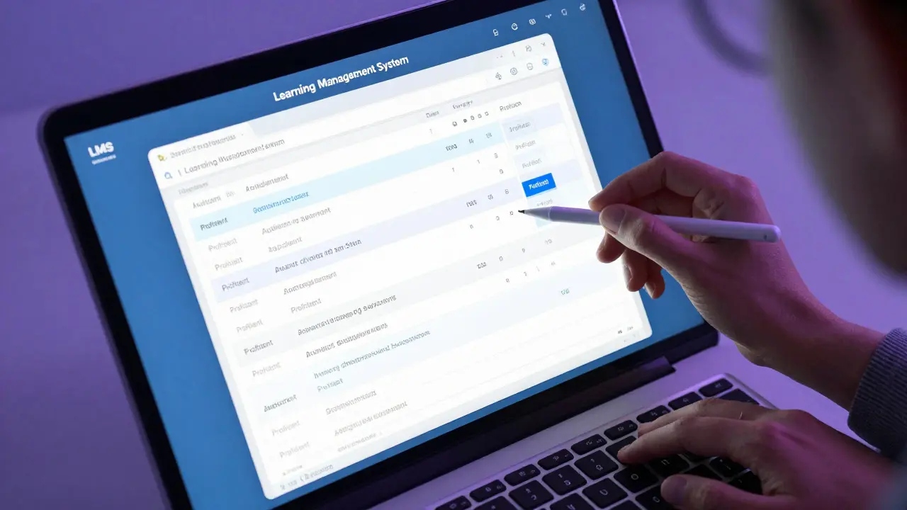 Teacher using LMS to grade a video assignment with a digital rubric